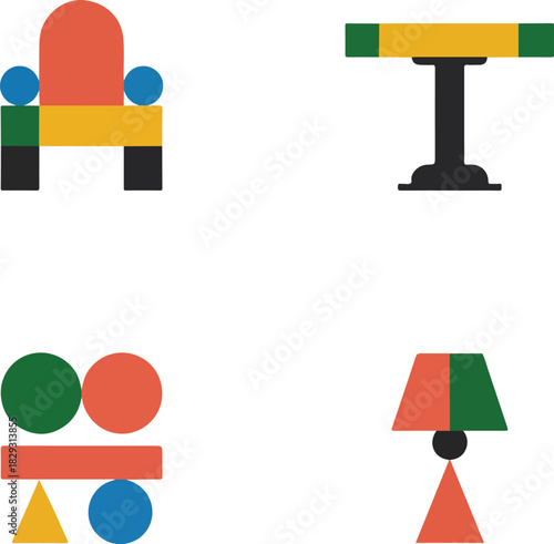 Abstract geometric furniture set designs on white background