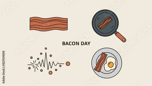 Illustration celebrating Bacon Day, featuring bacon strips, a frying pan, and a plate with an egg.