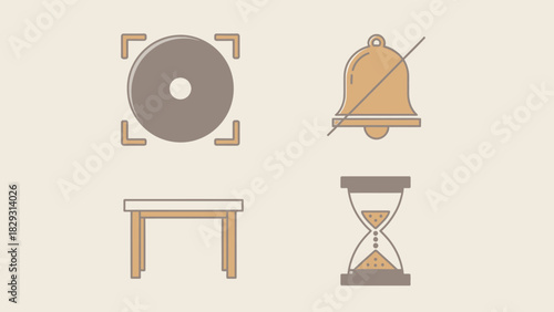 Four simple icons representing a disc, a bell with a line through it, a table, and an hourglass.