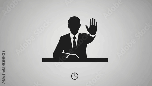 Silhouette of a businessman at a desk making a stop gesture with his hand.