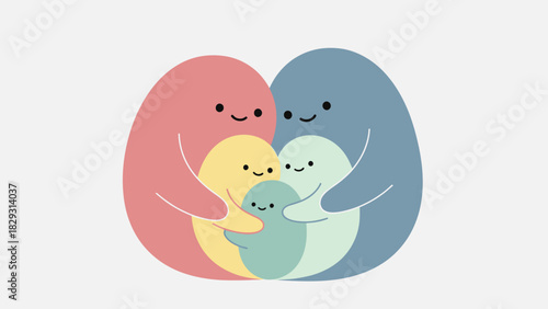 A cute cartoon family of five colorful, abstract characters hugging together in a warm embrace.