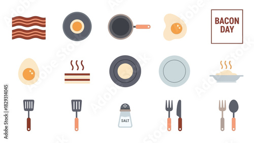 Collection of breakfast-related illustrations, including bacon, eggs, and cooking utensils.