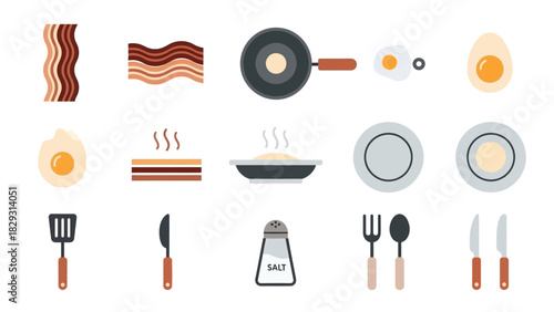 A collection of breakfast food items and cooking utensils including bacon, eggs, a frying pan, plates, and cutlery in a flat design style.