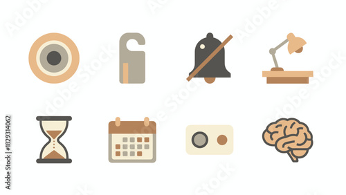 Collection of eight icons: eye, door hanger, bell, lamp, hourglass, calendar, safe, and brain.