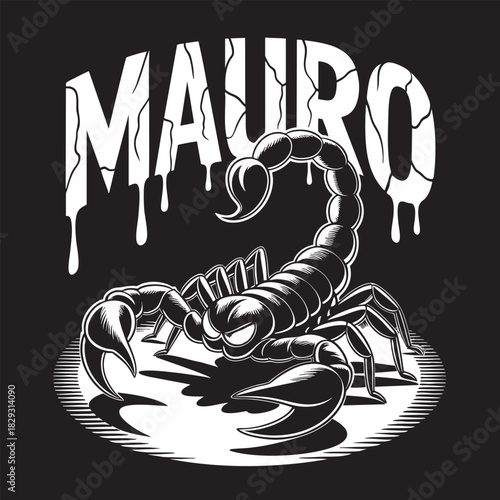 Black and white illustration of a menacing scorpion with dripping text insect arachnid