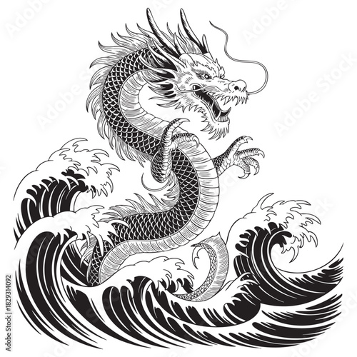 Black and white illustration of a dragon emerging from stylized waves vector