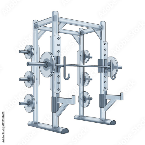 Weightlifting rack with weights, fitness equipment on transparent background
