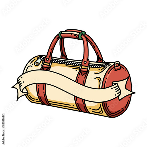 Cartoon style duffel bag with banner, luggage, vector illustration on transparent background
