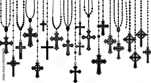 Hanging Rosary Beads and Crosses Silhouette Vector Set, Representing Christianity, Faith, Prayer, Religion, and Catholic Devotional Symbols Collection