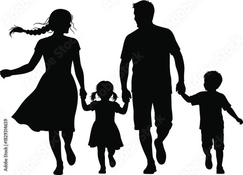 Happy family walking together, parents holding children hands, silhouettes of mother, father, daughter, and son, enjoying a joyful outdoor summer walk, black and white vector.
