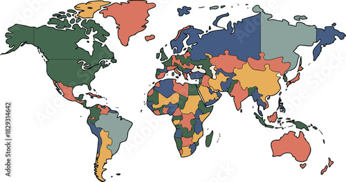 Colorful illustrated world map with outlined country boundaries