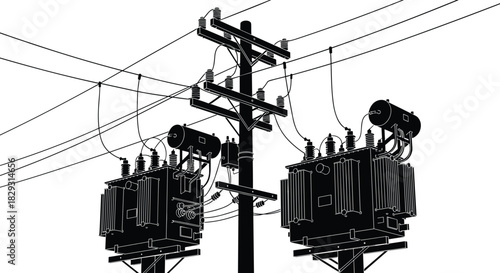 High voltage electric power pole silhouette with two transformers, vector illustration of energy distribution infrastructure and utility grid isolated on white background