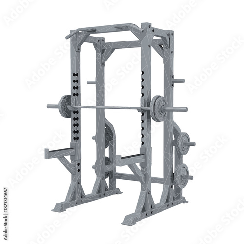 Gray weight rack, lifting barbell and weights on transparent background