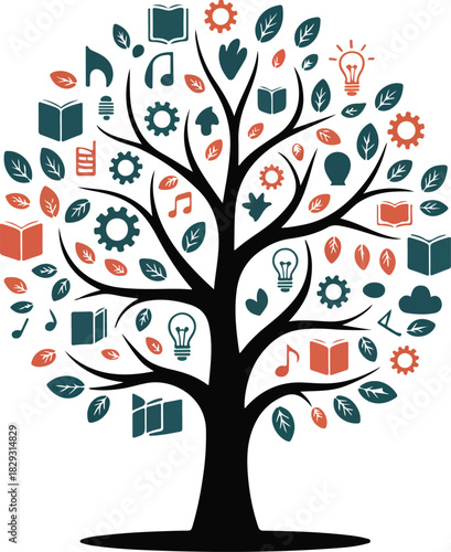 Education and knowledge tree with learning icons