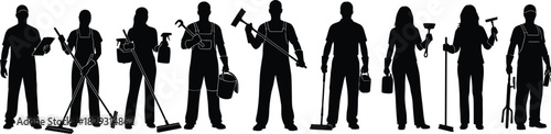 Large group of professional cleaners and janitors holding various cleaning equipment tools like mops, buckets, and squeegees, silhouette vector illustration for service and labor content.