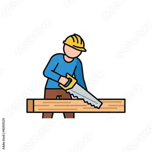 Carpenter Sawing Wood Construction Worker with Hand Saw in Workplace