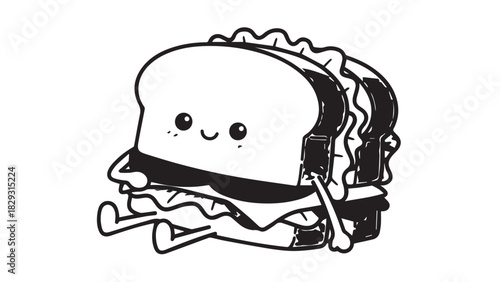 Cute cartoon bread character with backpack, smiling face, and sandwich layers on a playful adventure.