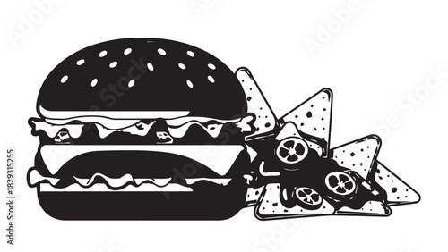 Juicy beef burger with cheese and sesame bun served with crispy fries and chips on a white plate.