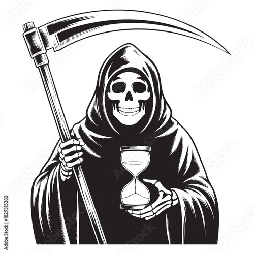 Grim Reaper skeleton holding hourglass and scythe black and white illustration death