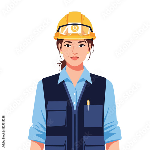 Female Construction Worker with Hardhat Vector Illustration