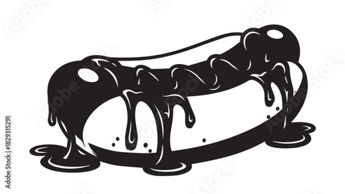 Illustrated melted glaze donut with dripping chocolate dessert sketch.