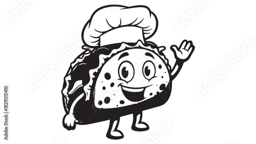 Cheerful cartoon fried egg character wearing a chef hat and waving hello.