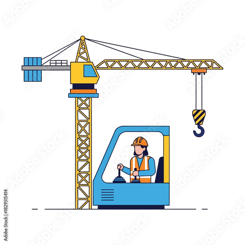 Construction Crane Operator Illustration in Blue and Yellow Tones