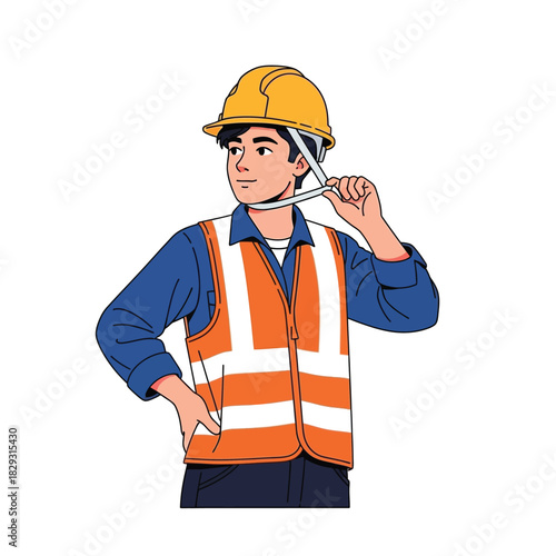Construction Worker Adjusting Helmet Safety and Professionalism at Work