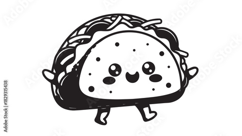 Playful cartoon taco character with smiling face and tiny legs.