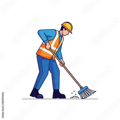Construction Worker Sweeping with Broom Maintenance and Cleaning
