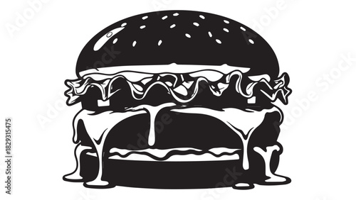 Stylized black and white hamburger illustration of a classic cheeseburger.