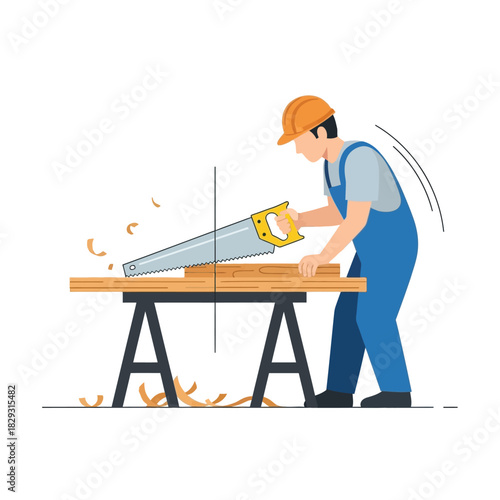 Carpenter at Work Sawing Wood on a Trestle Table with Safety Gear