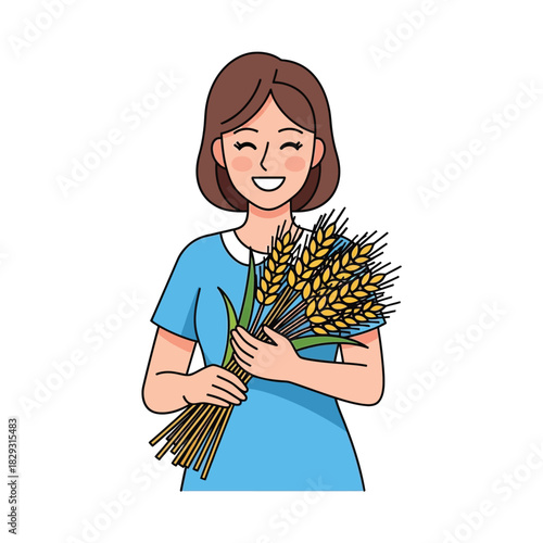 Happy Woman Holding Golden Wheat Sheaves, Farm Harvest Joy