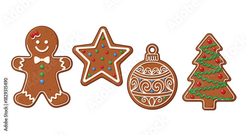 Festive Christmas Gingerbread Cookies Isolated on White Background