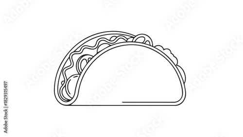 Minimalist line drawing of a taco with curved shell and fillings, showcasing simple culinary shape.