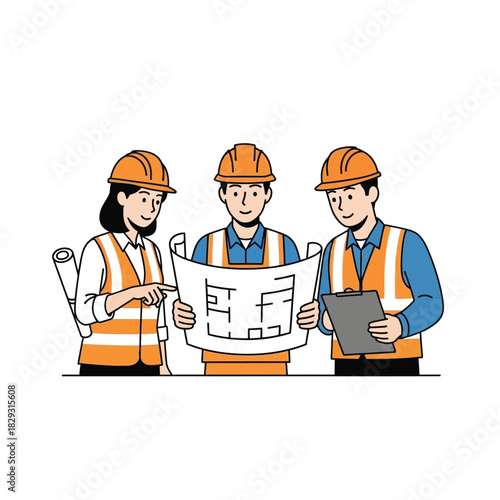 Architects Team Inspecting Construction Blueprint at Building Site