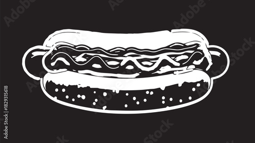 Hand-drawn black and white hot dog illustration on bun.