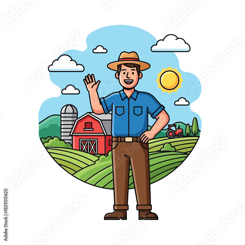 Farmer Waving Hand in Farm Landscape Illustration