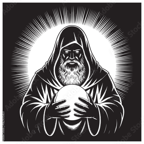 Hooded man with beard holding glowing orb radiating light rays wizard sorcerer