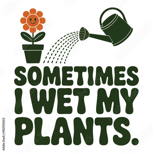 Happy cartoon flower being watered by a dark green watering can plant gardening