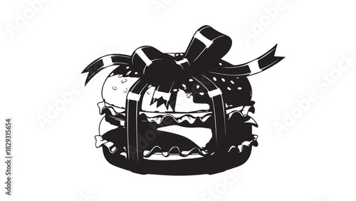 Elegant black silhouette birthday cake with bow and candles on a white background.