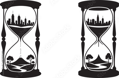 Hourglass with city silhouette and nature landscape