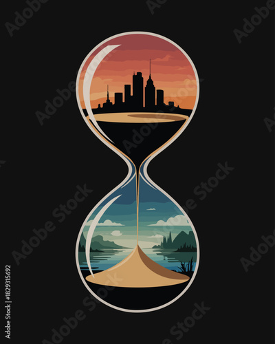 Hourglass with city and natural landscape views