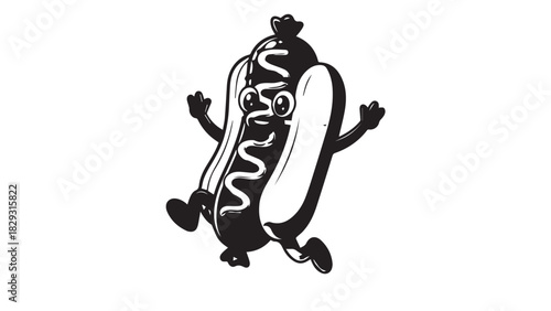 Playful anthropomorphic hot dog mascot with smiling bun and cartoon limbs.