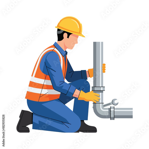 Plumber repairing pipe wearing safety vest and helmet