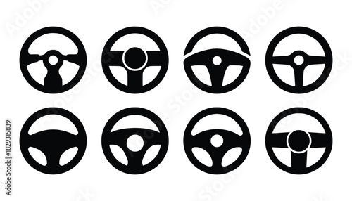 Car Steering Wheel Icons Set – Silhouette and Line Style Symbols for Vehicle Interface and UI Design 