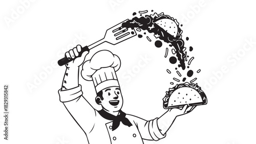 Cheerful Cartoon Chef Slicing a Pie in a Lively Kitchen Scene.