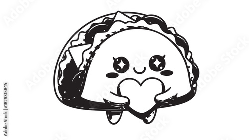 Adorable kawaii taco character holding a heart, cheerful food illustration.