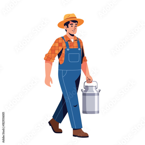 Farmer Walking with Milk Can, Agricultural Worker Illustration