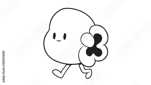 Cute cartoon blob character with a flower, simple line art illustration for cheerful design.